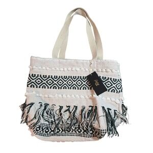 Raj XL Women Woven Cotton Boho Tote Bag Green White Geometric Fringe Pom Pom NEW